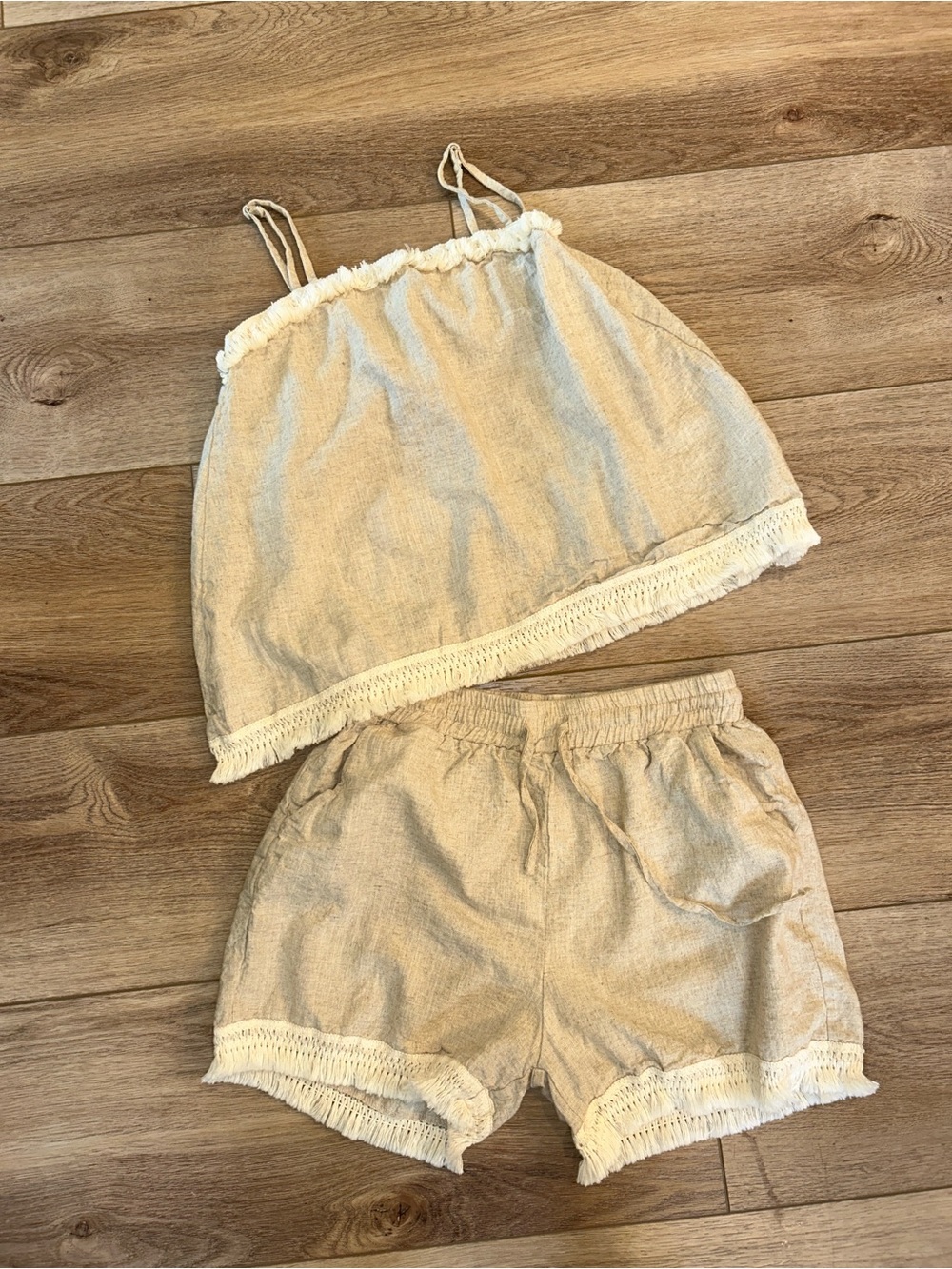 Chic Cream Linen-Blend Tank Top & Shorts Set Beige and Cream with Fringe